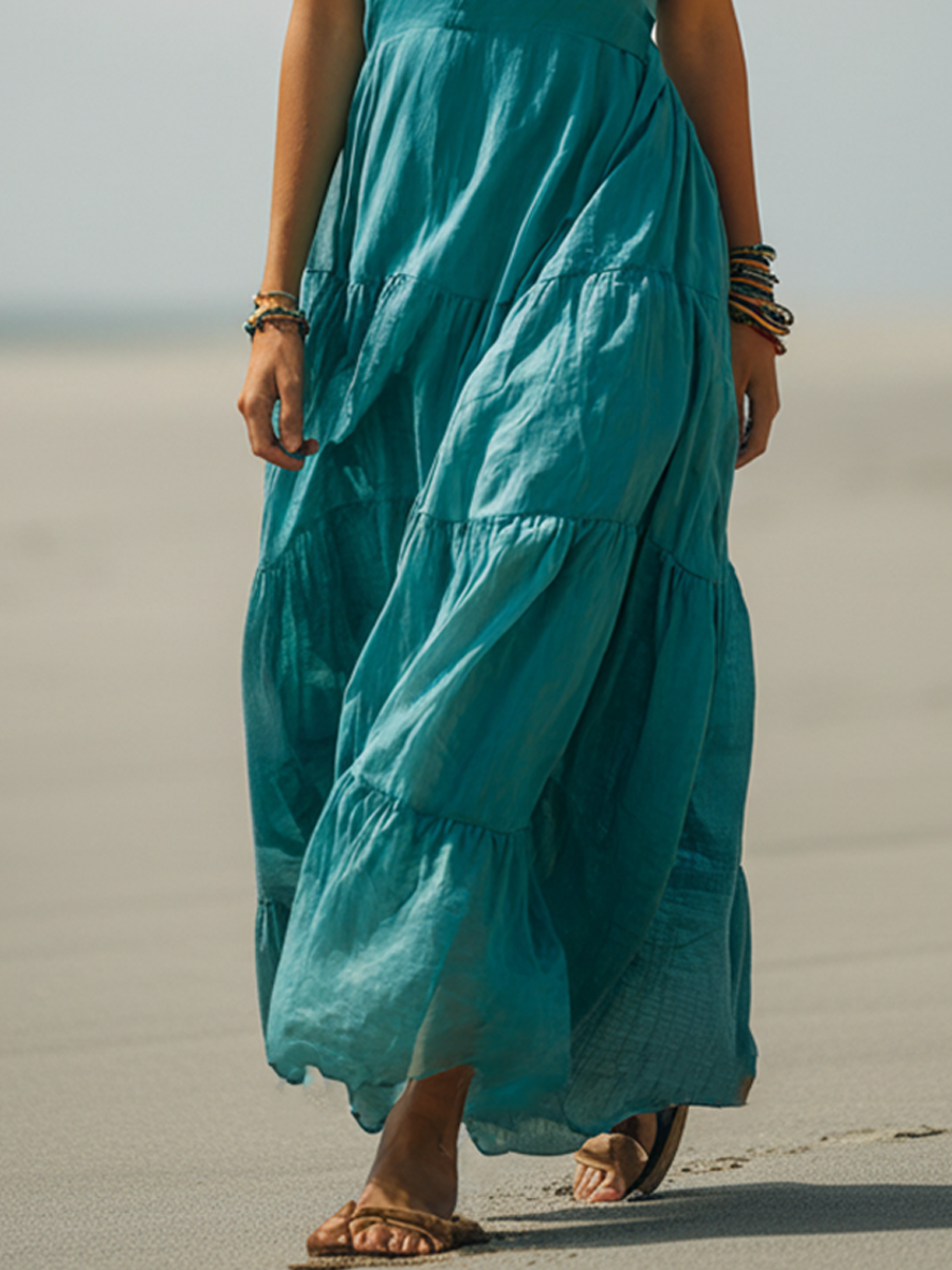 Women's Bohemian-Style Teal Linen-Cotton Tiered Ruffle Spaghetti Strap Maxi Dress MDZ2946D4GMJ