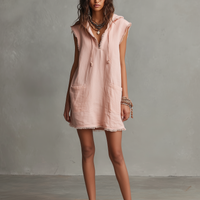 Women's Minimalist Linen-Blend Mini Dress — Hooded, Sleeveless, Raw Hem MDZ2961D3Y
