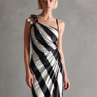 Women's Minimalist Satin Striped Print Asymmetrical Spaghetti Strap Maxi Dress MDZ2911D2Y
