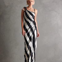 Women's Minimalist Satin Striped Print Asymmetrical Spaghetti Strap Maxi Dress MDZ2911D2Y
