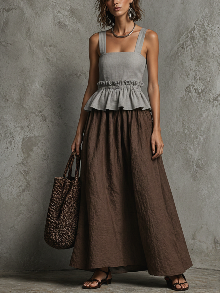 Women's Minimalist Style Gray And Brown Color-Block Linen-Cotton Waist-Tiered Peplum Faux Two-Piece Maxi Dress MDZ2909D4GMJ
