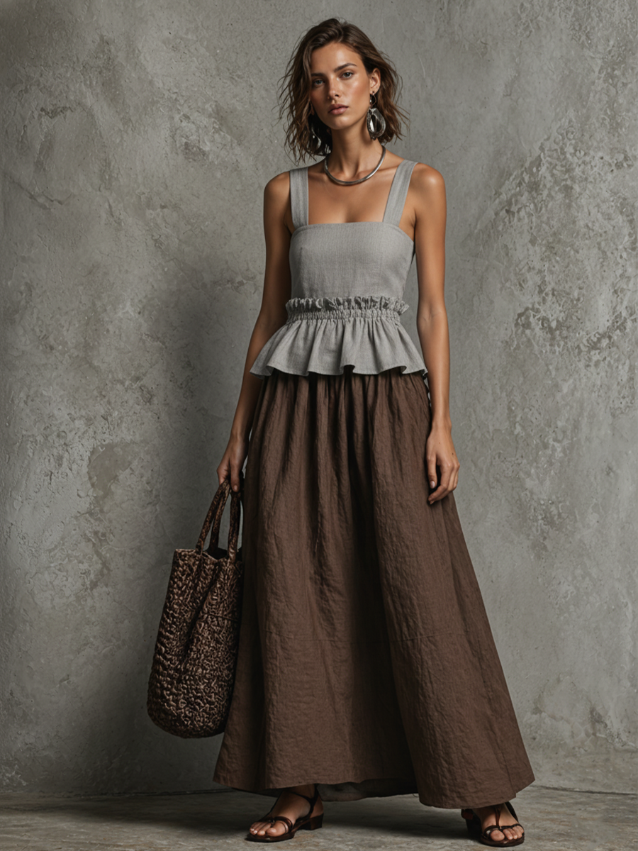 Women's Minimalist Style Gray And Brown Color-Block Linen-Cotton Waist-Tiered Peplum Faux Two-Piece Maxi Dress MDZ2909D4GMJ