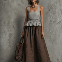 Women's Minimalist Style Gray And Brown Color-Block Linen-Cotton Waist-Tiered Peplum Faux Two-Piece Maxi Dress MDZ2909D4GMJ