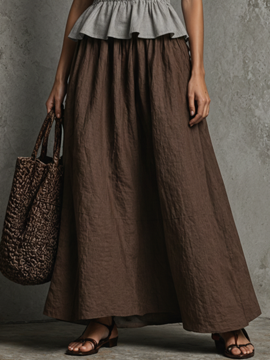 Women's Minimalist Style Gray And Brown Color-Block Linen-Cotton Waist-Tiered Peplum Faux Two-Piece Maxi Dress MDZ2909D4GMJ