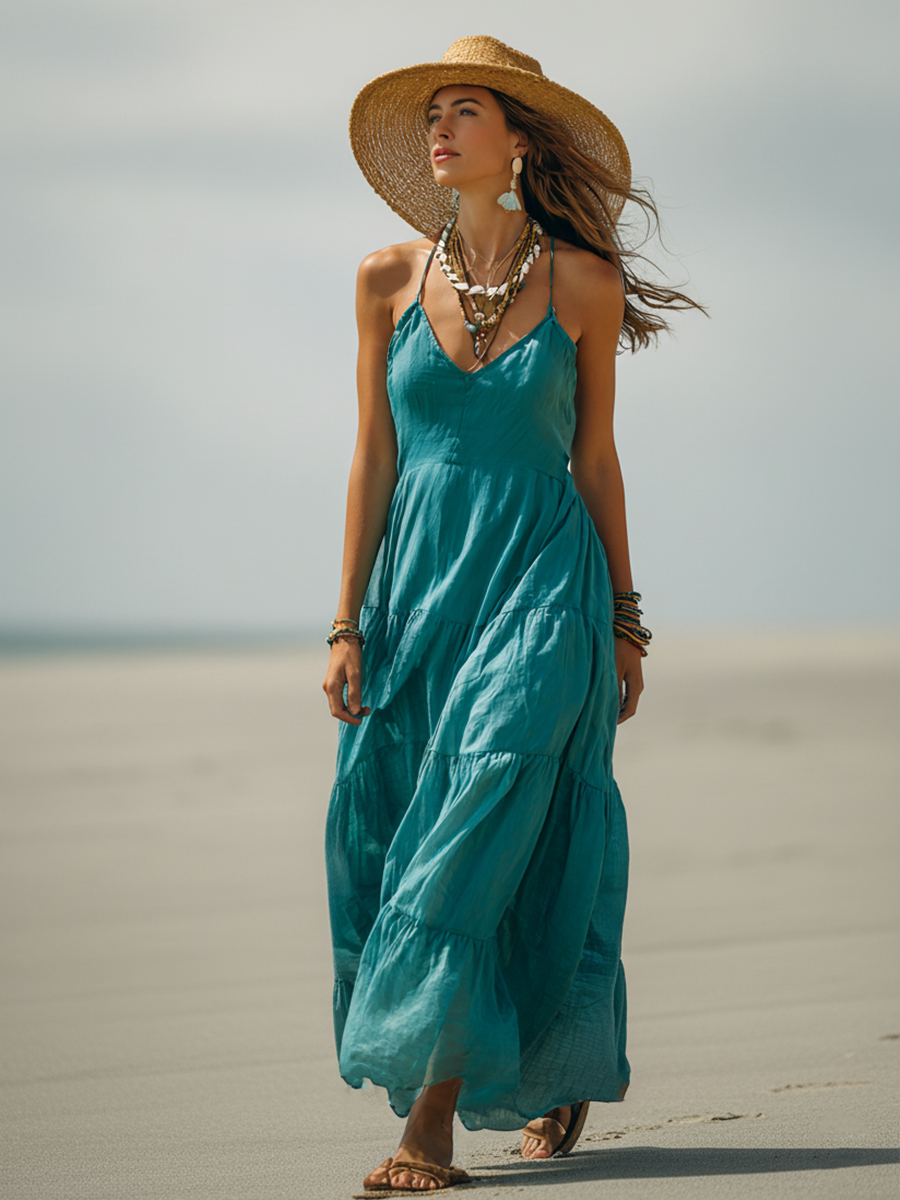 Women's Bohemian-Style Teal Linen-Cotton Tiered Ruffle Spaghetti Strap Maxi Dress MDZ2946D4GMJ