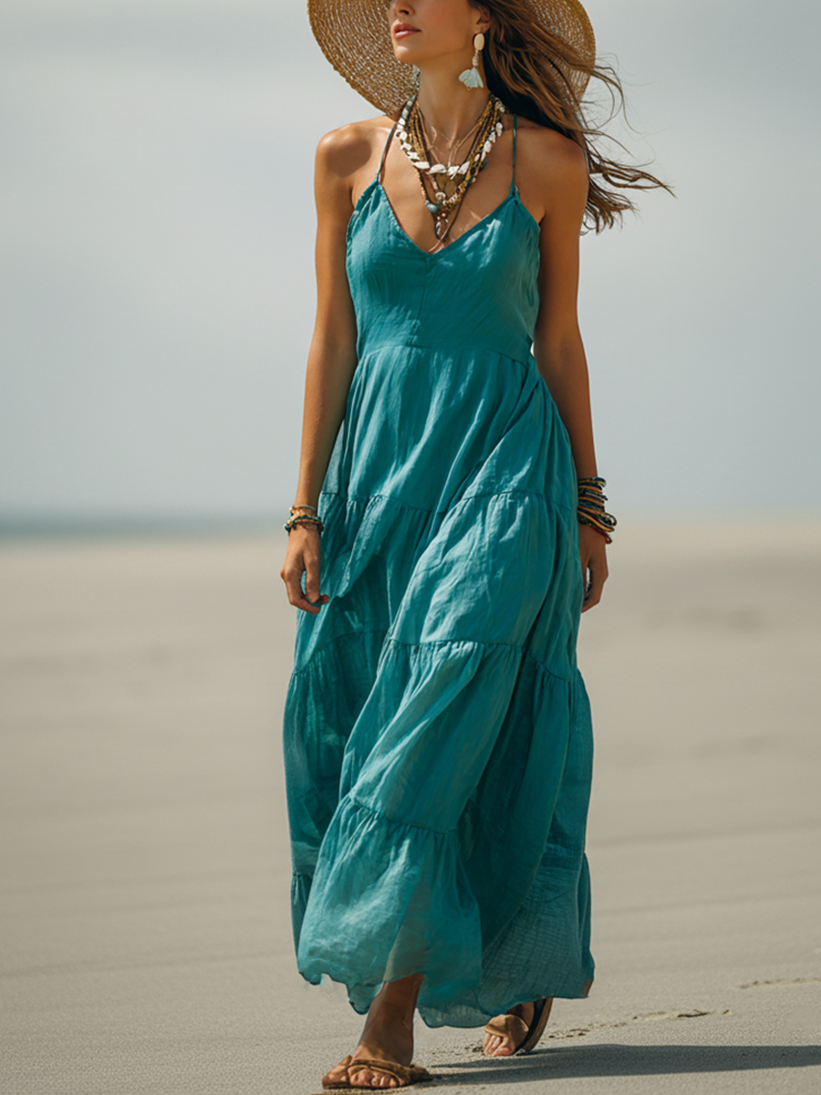 Women's Bohemian-Style Teal Linen-Cotton Tiered Ruffle Spaghetti Strap Maxi Dress MDZ2946D4GMJ