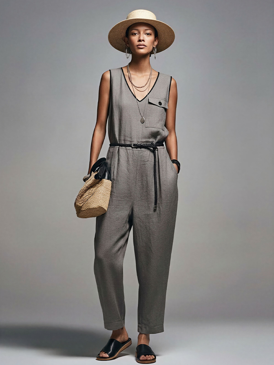 Women's Commuter Style Gray Linen-Cotton Blend V-Neck Contrast Binding Sleeveless Jumpsuit(Belt Not Included) MDZ2950D7GMJ