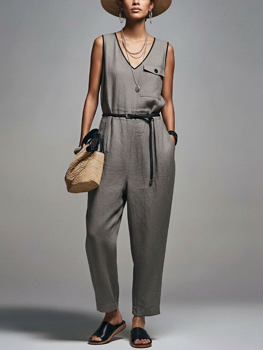 Women's Commuter Style Gray Linen-Cotton Blend V-Neck Contrast Binding Sleeveless Jumpsuit(Belt Not Included) MDZ2950D7GMJ