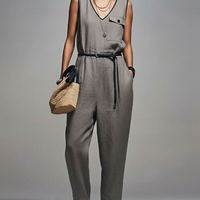 Women's Commuter Style Gray Linen-Cotton Blend V-Neck Contrast Binding Sleeveless Jumpsuit(Belt Not Included) MDZ2950D7GMJ