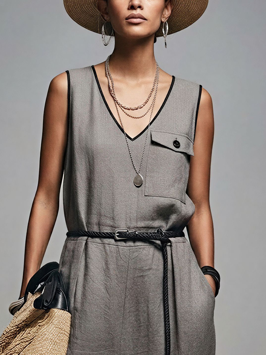 Women's Commuter Style Gray Linen-Cotton Blend V-Neck Contrast Binding Sleeveless Jumpsuit(Belt Not Included) MDZ2950D7GMJ