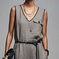 Women's Commuter Style Gray Linen-Cotton Blend V-Neck Contrast Binding Sleeveless Jumpsuit(Belt Not Included) MDZ2950D7GMJ