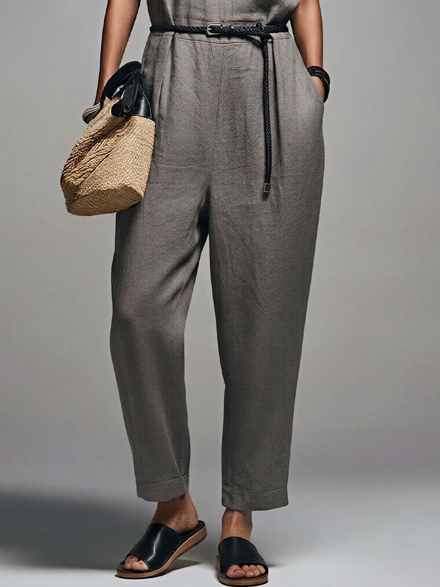 Women's Commuter Style Gray Linen-Cotton Blend V-Neck Contrast Binding Sleeveless Jumpsuit(Belt Not Included) MDZ2950D7GMJ