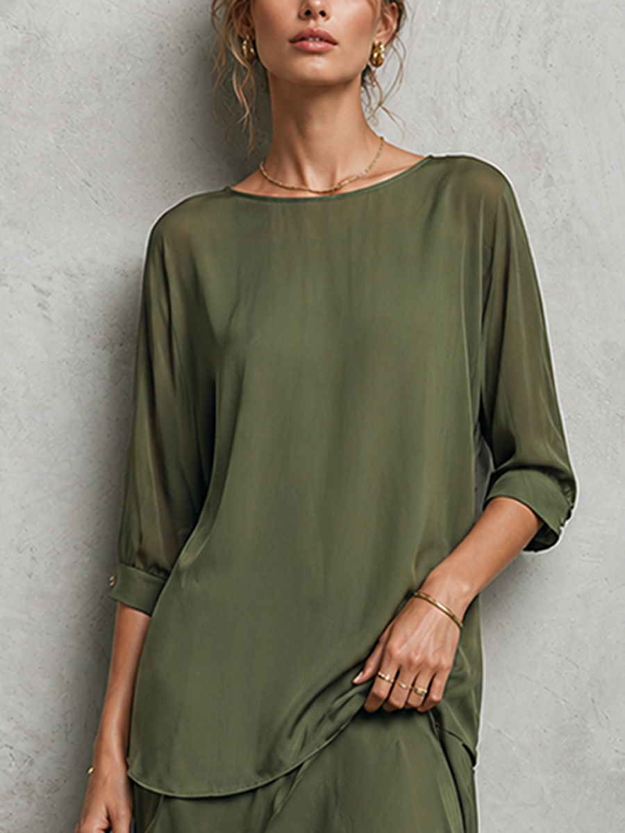 Women's Elegant Olive Green Chiffon Crew Neck Elbow-length Sleeves Top And Asymmetric Maxi Skirt Set MDZ2910D7GMJ