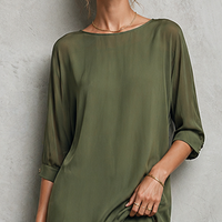 Women's Elegant Olive Green Chiffon Crew Neck Elbow-length Sleeves Top And Asymmetric Maxi Skirt Set MDZ2910D7GMJ