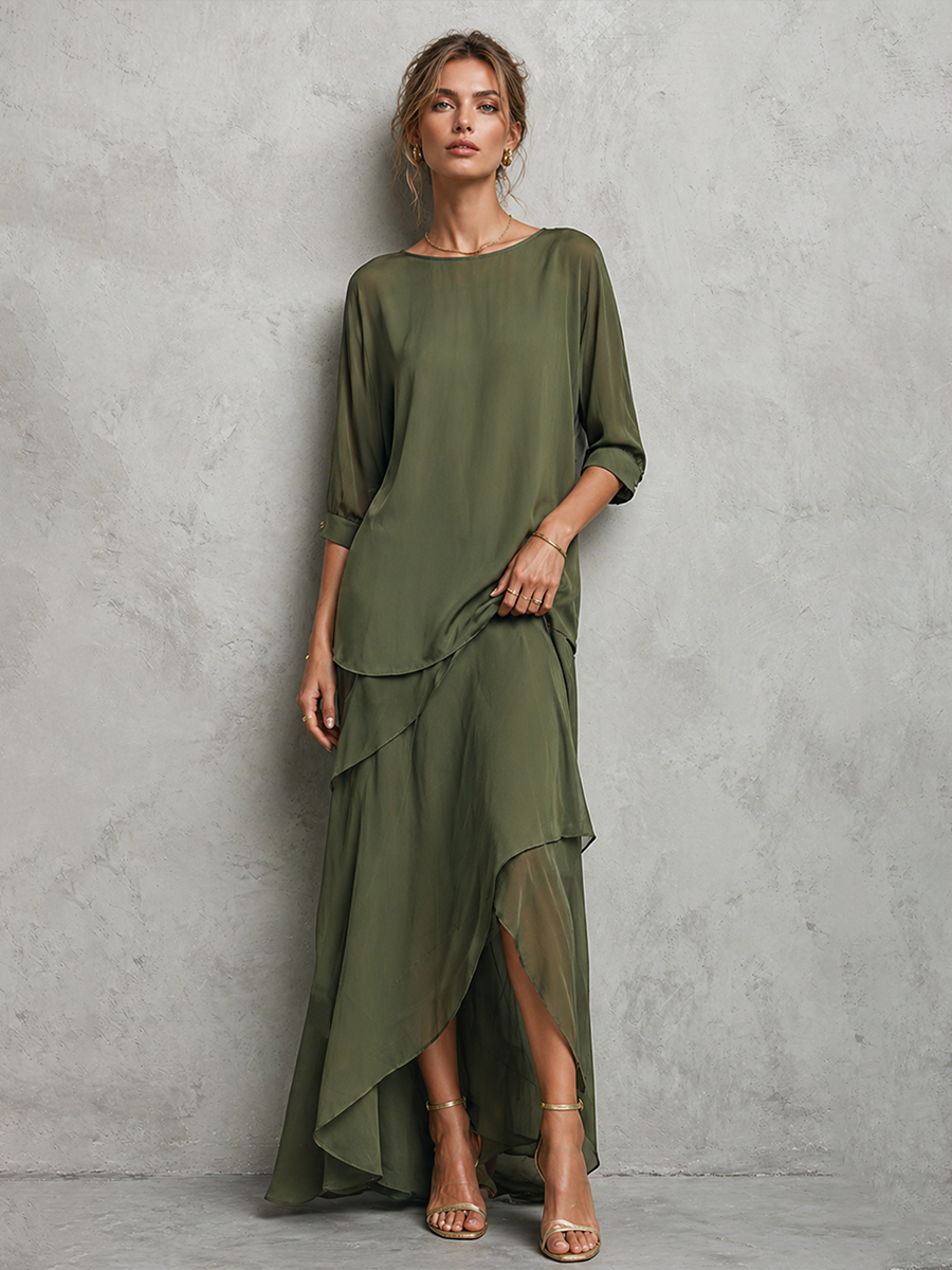 Women's Elegant Olive Green Chiffon Crew Neck Elbow-length Sleeves Top And Asymmetric Maxi Skirt Set MDZ2910D7GMJ