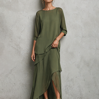 Women's Elegant Olive Green Chiffon Crew Neck Elbow-length Sleeves Top And Asymmetric Maxi Skirt Set MDZ2910D7GMJ