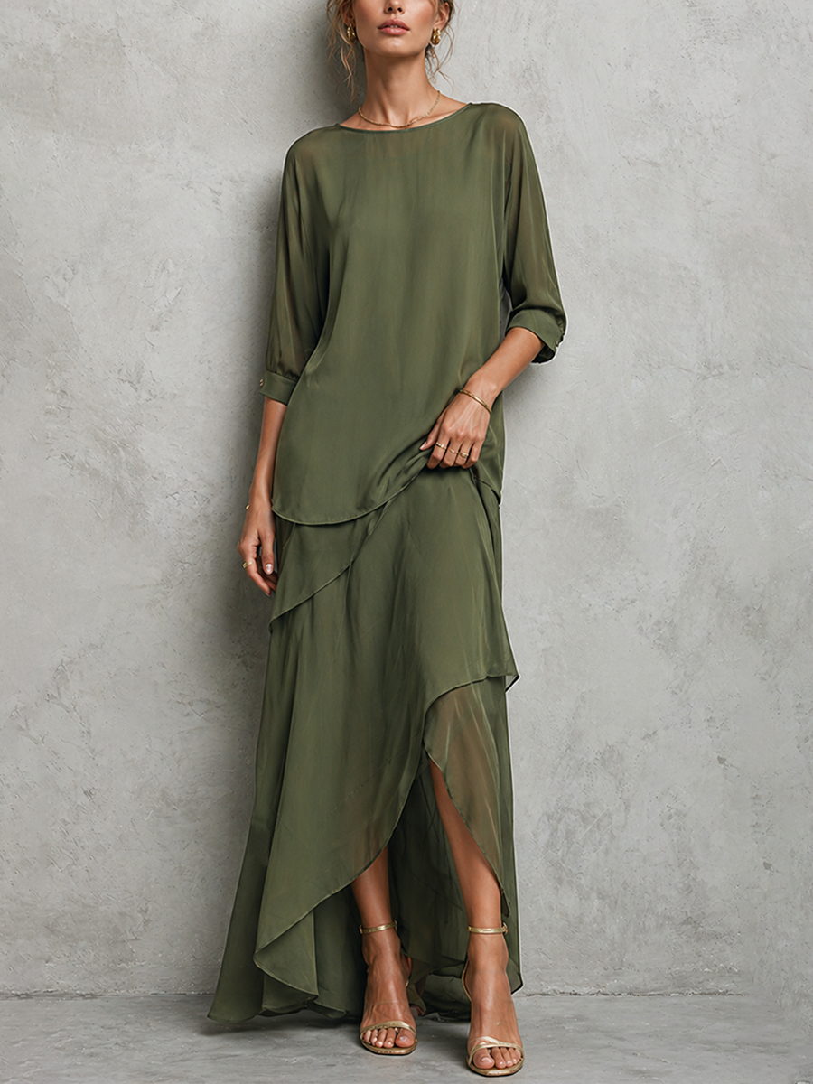 Women's Elegant Olive Green Chiffon Crew Neck Elbow-length Sleeves Top And Asymmetric Maxi Skirt Set MDZ2910D7GMJ