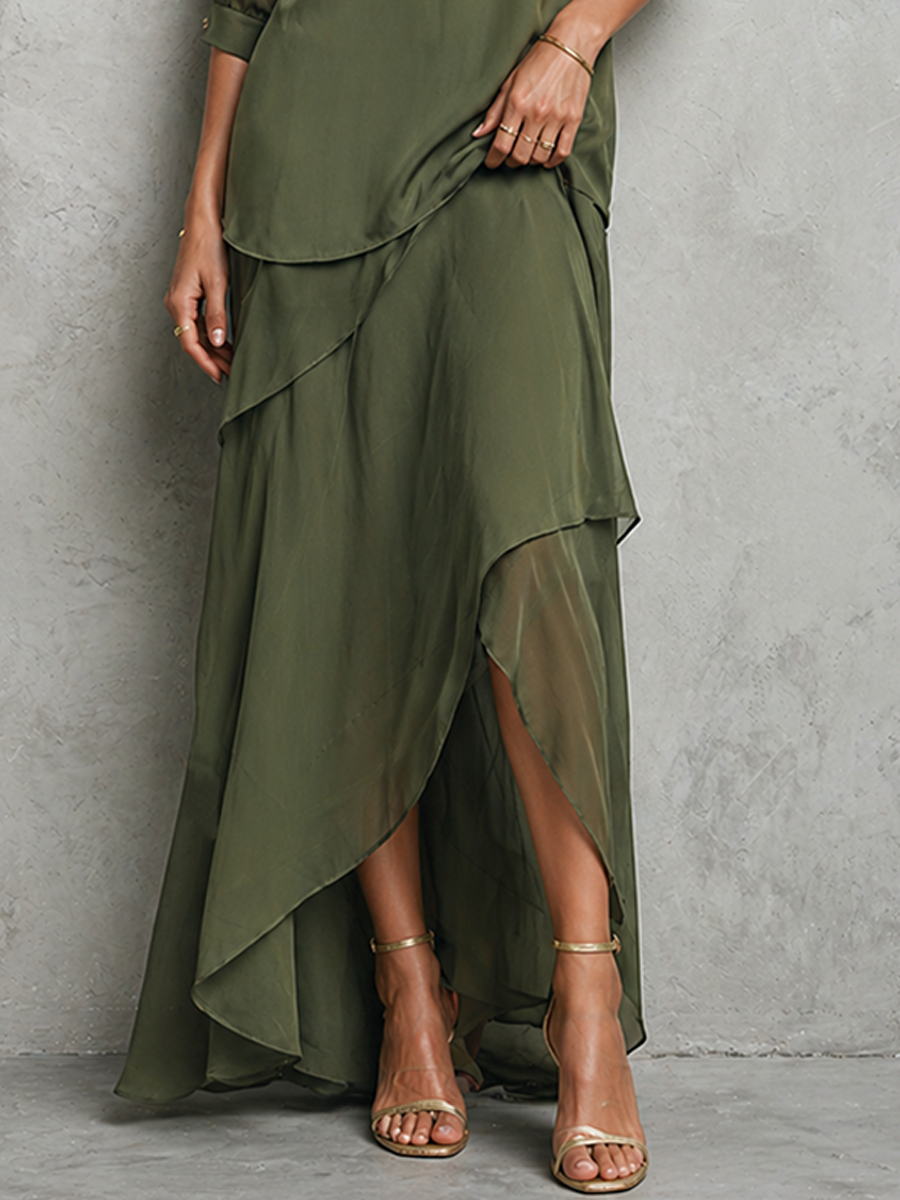 Women's Elegant Olive Green Chiffon Crew Neck Elbow-length Sleeves Top And Asymmetric Maxi Skirt Set MDZ2910D7GMJ
