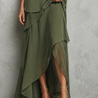 Women's Elegant Olive Green Chiffon Crew Neck Elbow-length Sleeves Top And Asymmetric Maxi Skirt Set MDZ2910D7GMJ