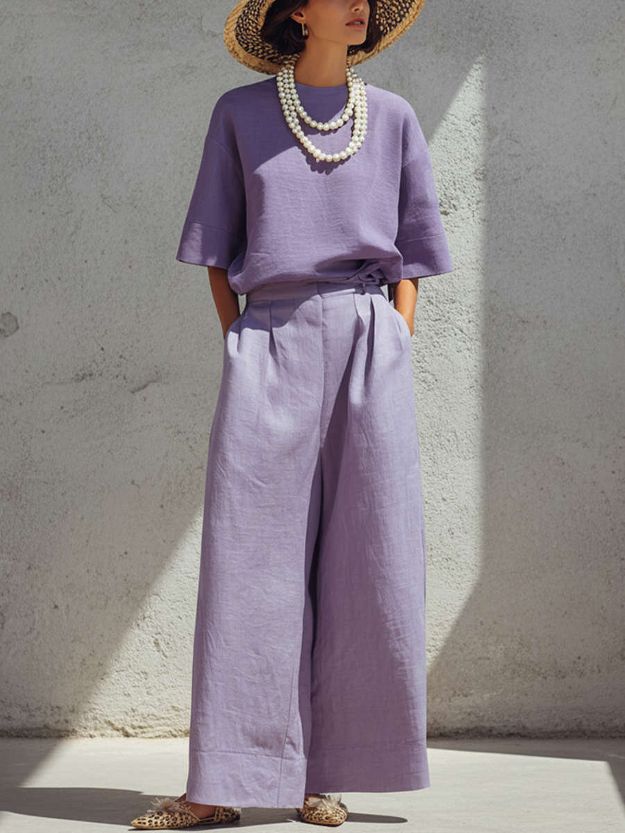 Women's Minimalist Purple Linen-Cotton Blend Loose Crew Neck Top And High-Waisted Wide-Leg Pants Set MDZ2980D2GMJ