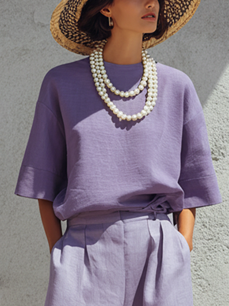 Women's Minimalist Purple Linen-Cotton Blend Loose Crew Neck Top And High-Waisted Wide-Leg Pants Set MDZ2980D2GMJ