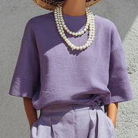Women's Minimalist Purple Linen-Cotton Blend Loose Crew Neck Top And High-Waisted Wide-Leg Pants Set MDZ2980D2GMJ