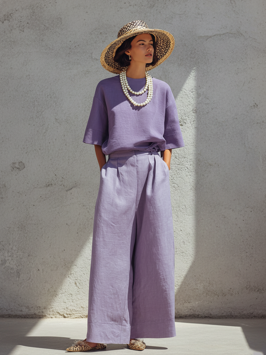 Women's Minimalist Purple Linen-Cotton Blend Loose Crew Neck Top And High-Waisted Wide-Leg Pants Set MDZ2980D2GMJ