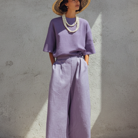 Women's Minimalist Purple Linen-Cotton Blend Loose Crew Neck Top And High-Waisted Wide-Leg Pants Set MDZ2980D2GMJ