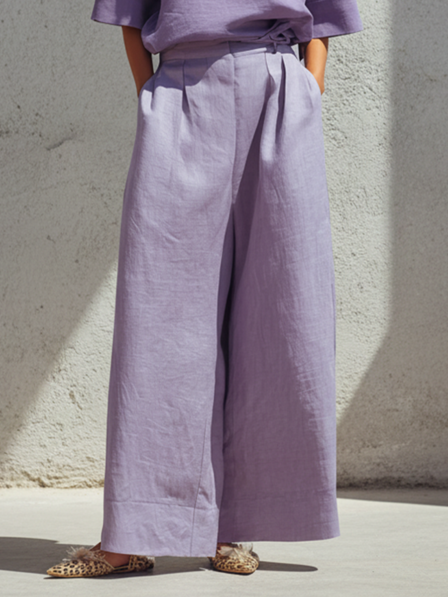 Women's Minimalist Purple Linen-Cotton Blend Loose Crew Neck Top And High-Waisted Wide-Leg Pants Set MDZ2980D2GMJ