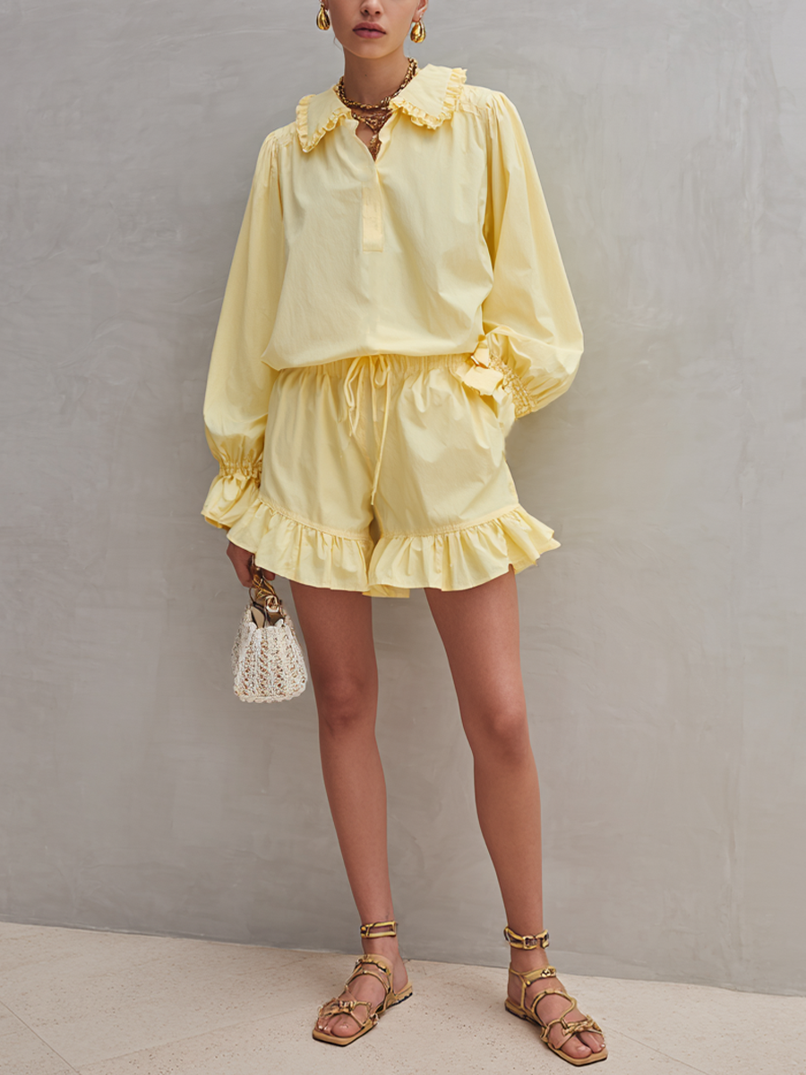 Women's Fresh Style Light Yellow Cotton Blend Ruffle Collar Shirt And Drawstring Shorts Set MDZ2978D7GMJ