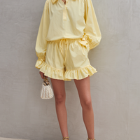 Women's Fresh Style Light Yellow Cotton Blend Ruffle Collar Shirt And Drawstring Shorts Set MDZ2978D7GMJ