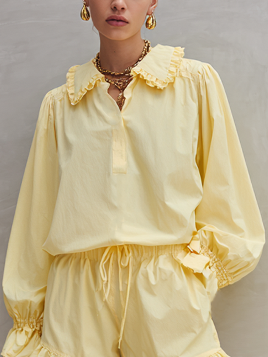 Women's Fresh Style Light Yellow Cotton Blend Ruffle Collar Shirt And Drawstring Shorts Set MDZ2978D7GMJ