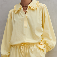 Women's Fresh Style Light Yellow Cotton Blend Ruffle Collar Shirt And Drawstring Shorts Set MDZ2978D7GMJ