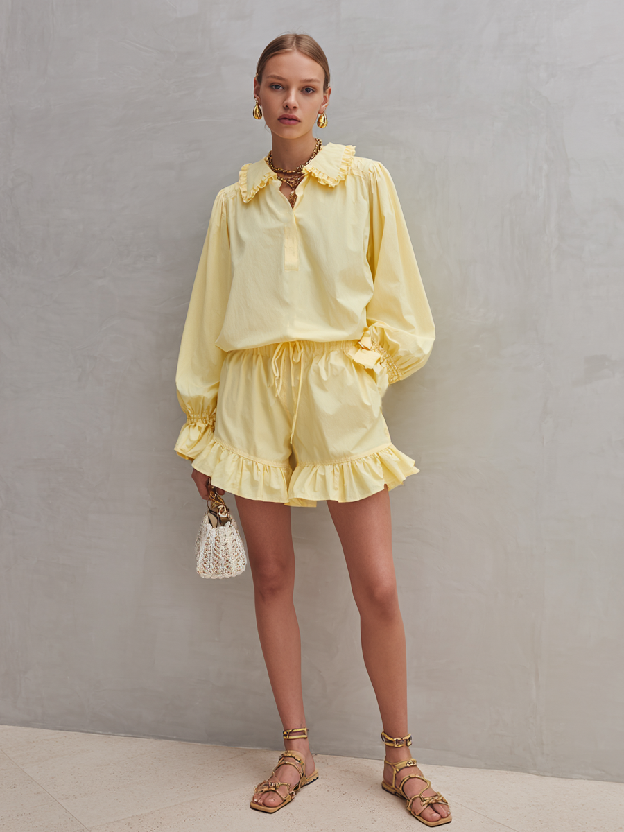 Women's Fresh Style Light Yellow Cotton Blend Ruffle Collar Shirt And Drawstring Shorts Set MDZ2978D7GMJ