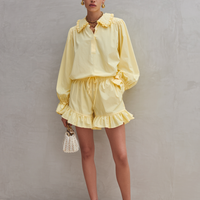 Women's Fresh Style Light Yellow Cotton Blend Ruffle Collar Shirt And Drawstring Shorts Set MDZ2978D7GMJ