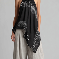 Women's Casual Set: Black Printed Woven Halter-Neck Sleeveless Top Paired With Grey Cotton-Linen Trousers MDZ2987D4LXY