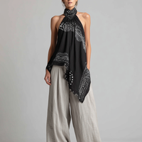 Women's Casual Set: Black Printed Woven Halter-Neck Sleeveless Top Paired With Grey Cotton-Linen Trousers MDZ2987D4LXY