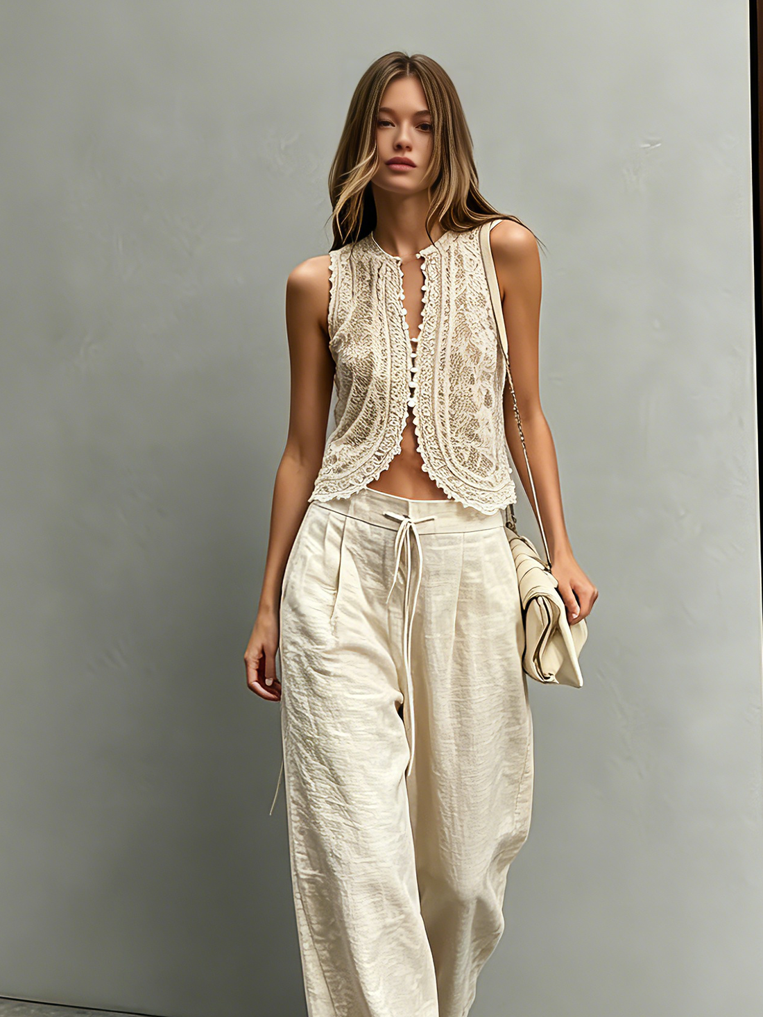 Women's Elegant Beige Lace Round-Neck Sleeveless Vest Paired With Beige Cotton-Linen Trousers MDZ2915D7LXY