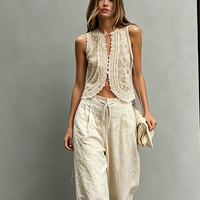 Women's Elegant Beige Lace Round-Neck Sleeveless Vest Paired With Beige Cotton-Linen Trousers MDZ2915D7LXY