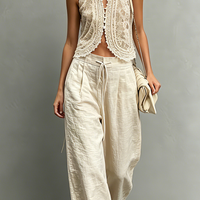 Women's Elegant Beige Lace Round-Neck Sleeveless Vest Paired With Beige Cotton-Linen Trousers MDZ2915D7LXY
