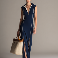 Women's Casual-Sporty Navy Blue Stretch-Knit Sleeveless Maxi Dress With Fold-Down Collar MDZ2937D7LXY
