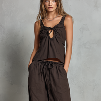 Women's Casual Brown Cotton-Linen Sleeveless Vest With Trousers MDZ2986D9LXY