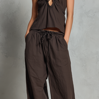 Women's Casual Brown Cotton-Linen Sleeveless Vest With Trousers MDZ2986D9LXY