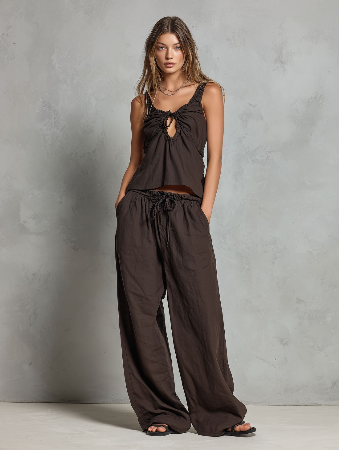 Women's Casual Brown Cotton-Linen Sleeveless Vest With Trousers MDZ2986D9LXY