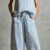 Women's Casual Blue And White Striped Woven Sleeveless V-Neck Top With Trousers MDZ2940D8LXY