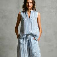 Women's Casual Blue And White Striped Woven Sleeveless V-Neck Top With Trousers MDZ2940D8LXY