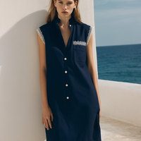Women's Casual Navy Blue Cotton-Linen Blend Sleeveless Mini Dress With Lace Paneling And Shirt Collar MDZ3024D1LXY