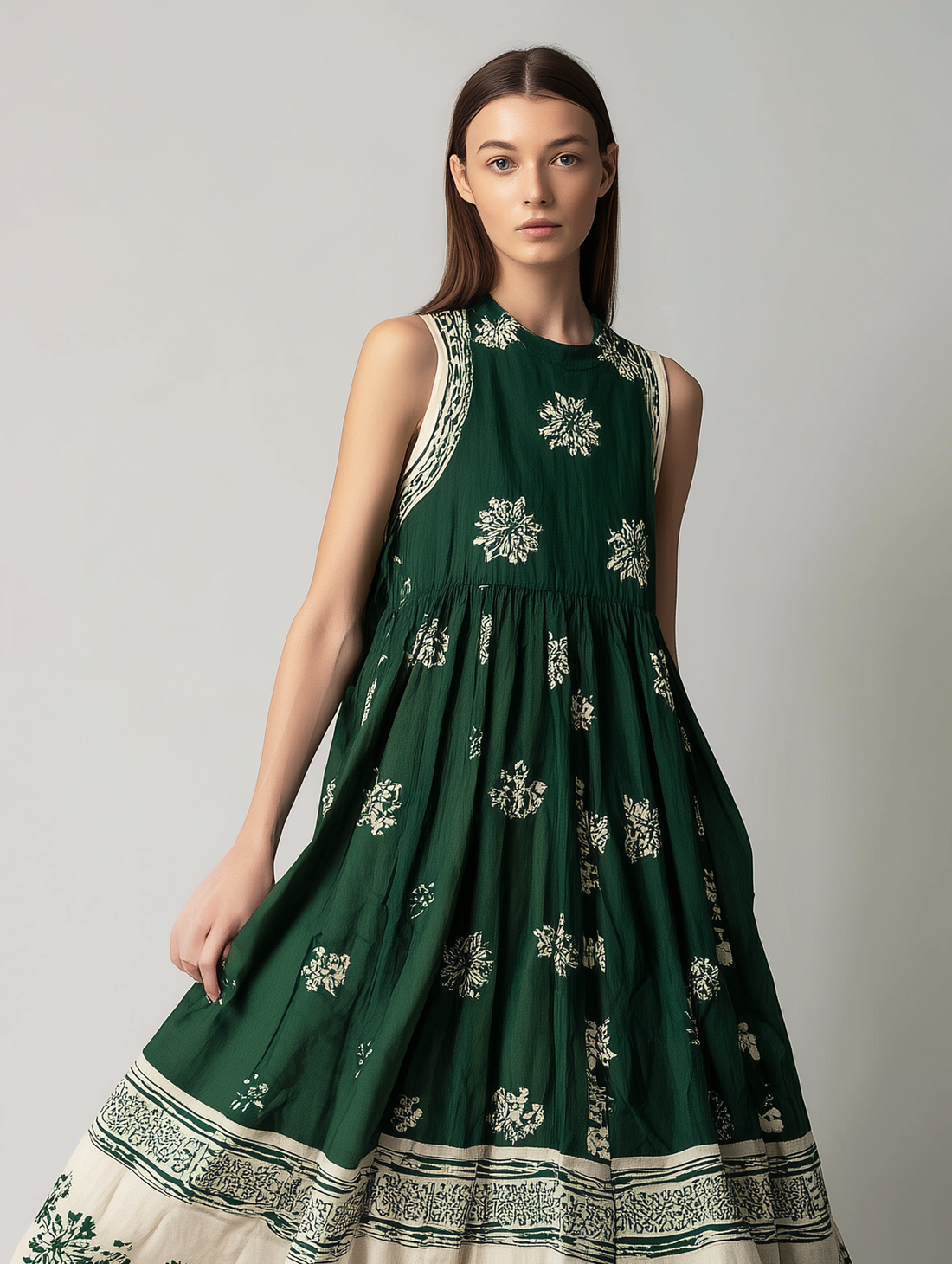 Women's Casual Dark Green Printed Woven Sleeveless Round-Neck Maxi Dress MDZ3003D7LXY
