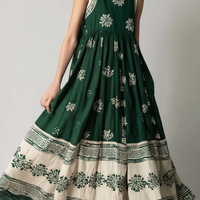 Women's Casual Dark Green Printed Woven Sleeveless Round-Neck Maxi Dress MDZ3003D7LXY