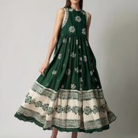 Women's Casual Dark Green Printed Woven Sleeveless Round-Neck Maxi Dress MDZ3003D7LXY